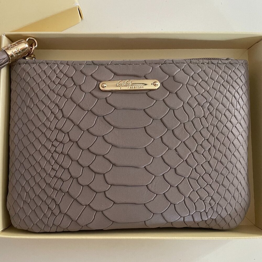 NWT GiGi New York Clay/Taupe Embossed Python Leather 4" x 6" Coin Purse Pouch